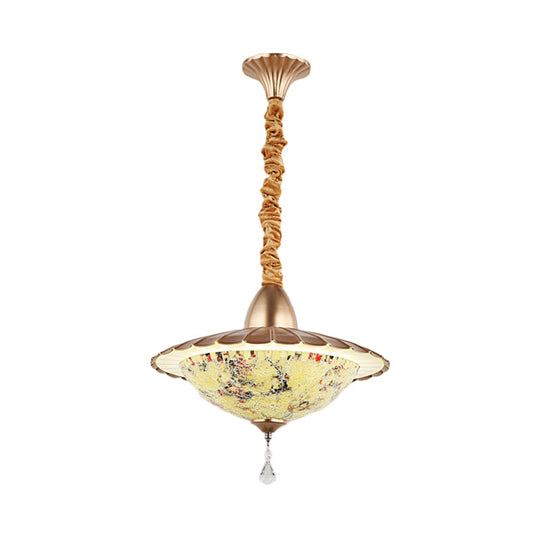 Mediterranean LED Bowl Chandelier - White Cut Glass Suspension Pendant with Crystal Droplet