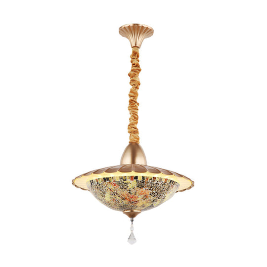 White Cut Glass Led Bowl Chandelier With Crystal Droplet - Mediterranean Suspension Pendant / E