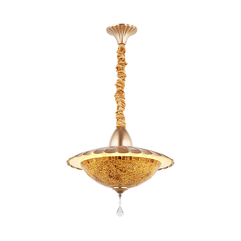 Mediterranean LED Bowl Chandelier - White Cut Glass Suspension Pendant with Crystal Droplet