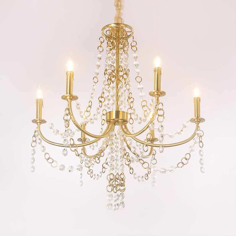Minimalistic Crystal Chandelier - 6 Lights Gold Finish Bedroom Ceiling Lamp