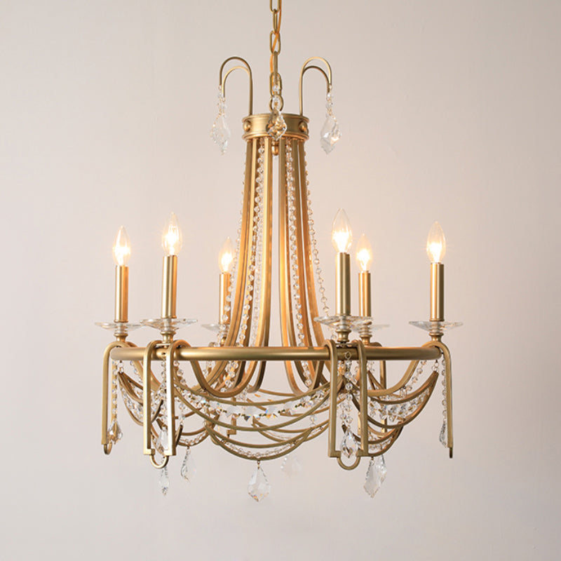 Rustic Gold Candelabra Chandelier With Crystal Pendant 6 Lights - Perfect For Living Room