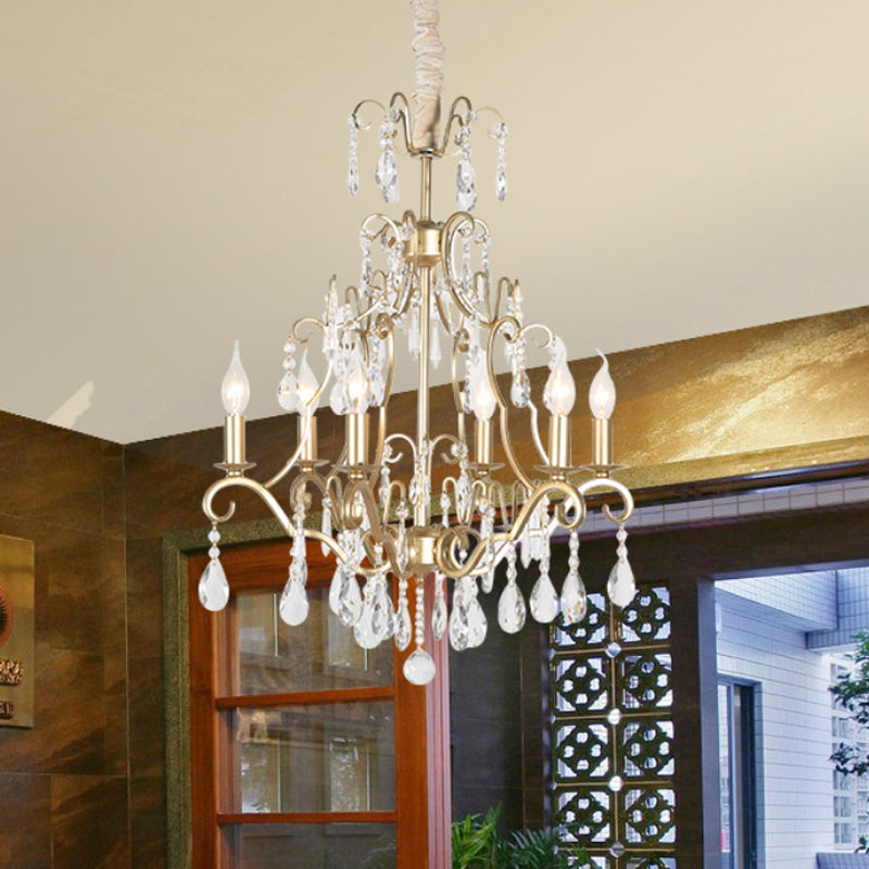 Gold Crystal Pendant Chandelier With 6 Lights For Bedroom - Lodge Style Curvy Arm Design