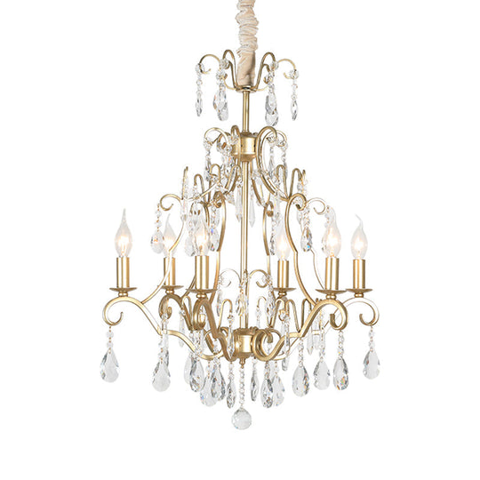 Gold Crystal Pendant Chandelier With 6 Lights For Bedroom - Lodge Style Curvy Arm Design