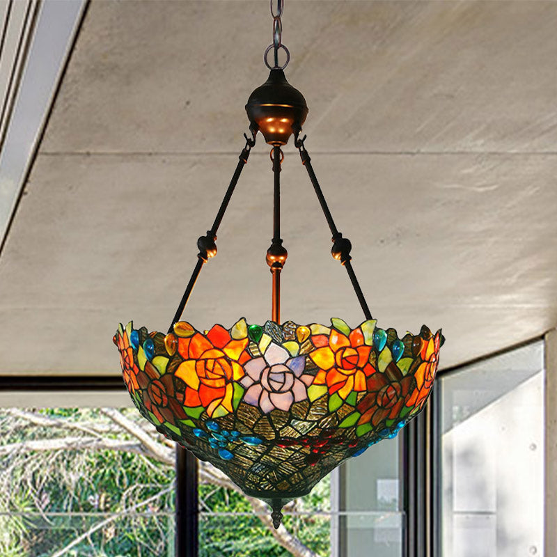 Mediterranean Floral Stained Art Glass Chandelier Pendant Light with 3 Hanging Lamps in Red/Orange/Green