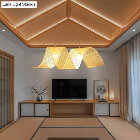 33.5 Asian Style Bamboo Twist Suspension Pendant - 2-Light Flaxen Hanging Light