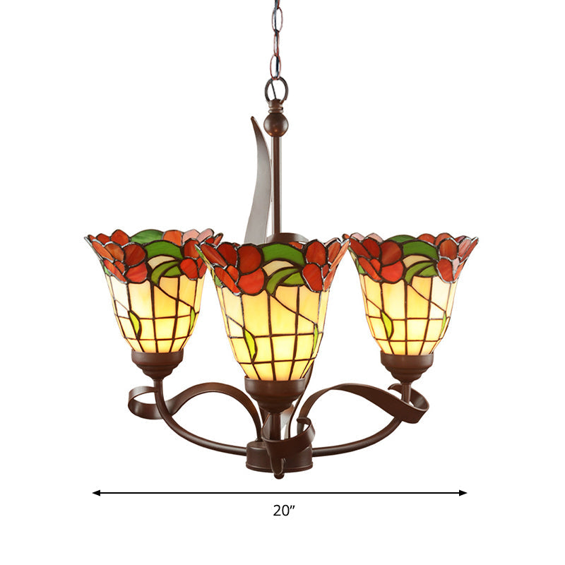 Red Glass Chandelier Pendant Light - Kitchen Ceiling Lamp with Blossom Design (3/5 Lights) - Mediterranean Style