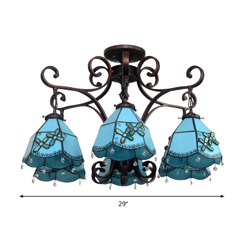 Baroque Hand Cut Glass Flower Chandelier - 6 Lights - Blue/Textured Silver - Living Room Ceiling Lamp