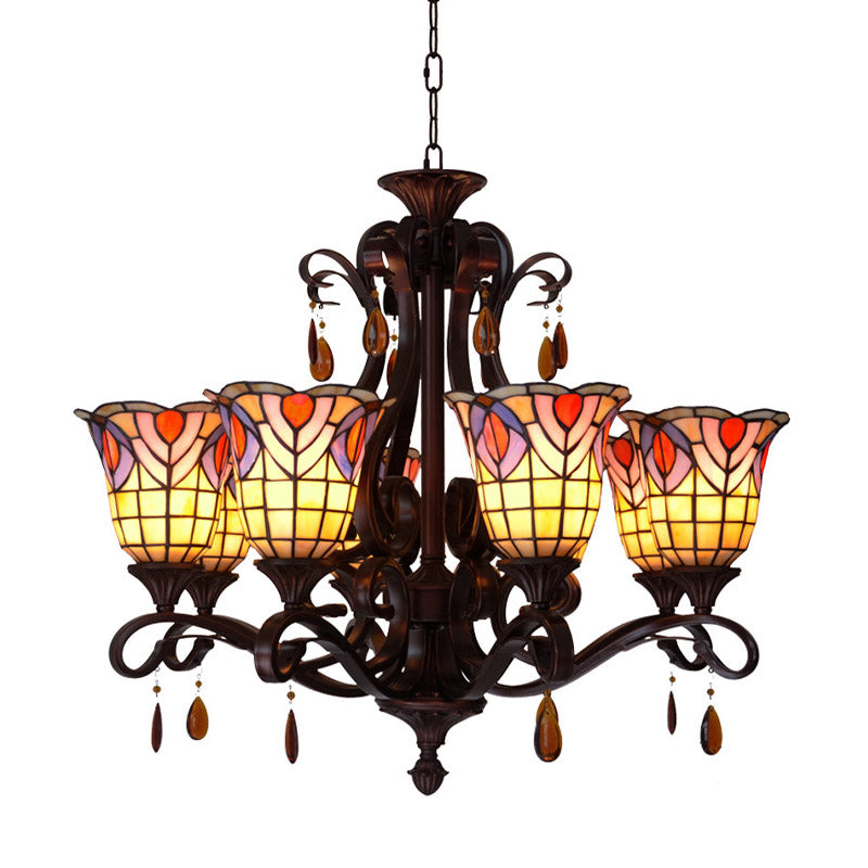 Victorian 6-Light Bedroom Ceiling Chandelier with Floral Stained Glass Shades in Red, Pink, and Blue