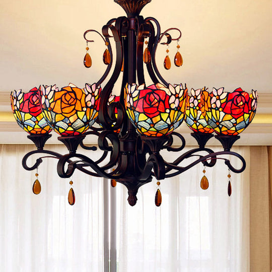 Mediterranean Stained Glass Chandelier - 6-Lights Red/Yellow/Blue Pendant with Crystal Droplet