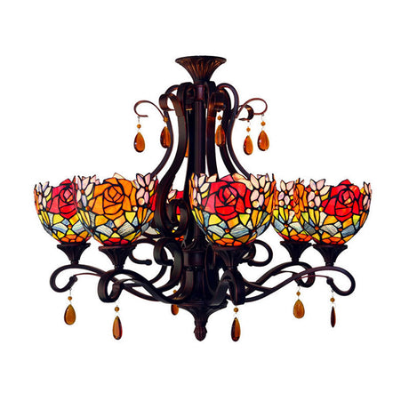 Stained Glass Domed Chandelier - Mediterranean 6-Light Pendant Light Fixture With Crystal Droplet