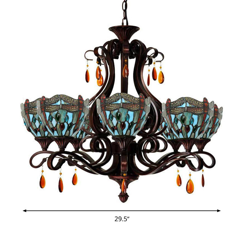 Mediterranean Stained Glass Chandelier - 6-Lights Red/Yellow/Blue Pendant with Crystal Droplet
