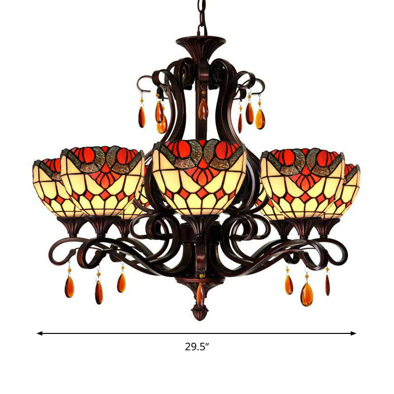 Stained Glass Domed Chandelier - Mediterranean 6-Light Pendant Light Fixture With Crystal Droplet