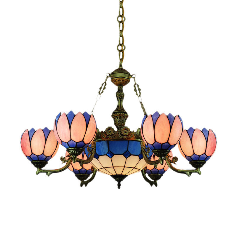 Tiffany Floral Stained Glass Pendant Chandelier with 7 Pink Lights for Living Room Décor