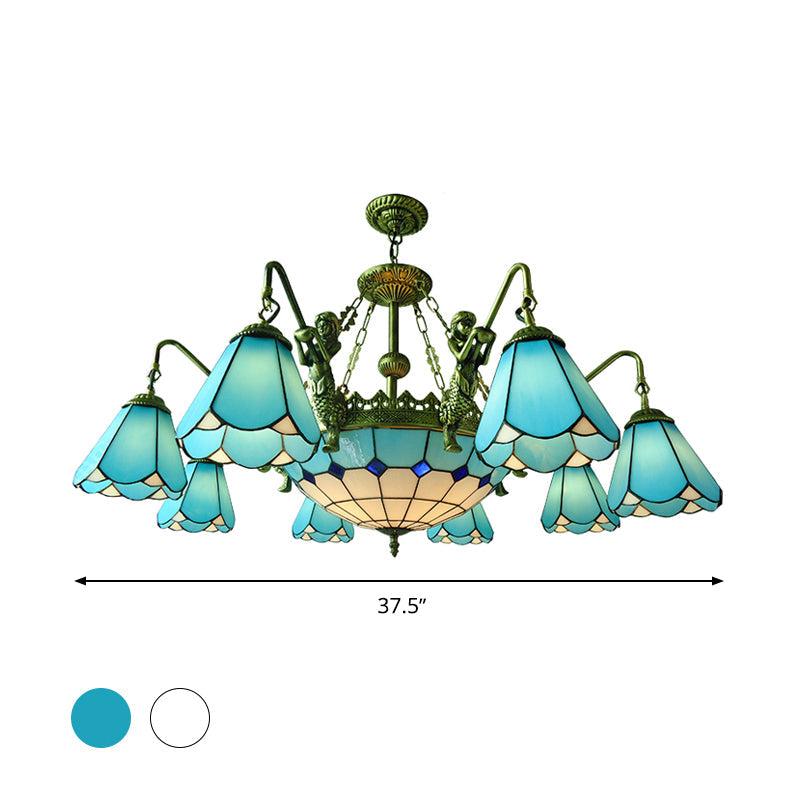 7/9 Light Tiffany Bronze Chandelier with Cone Glass Shades for Living Room