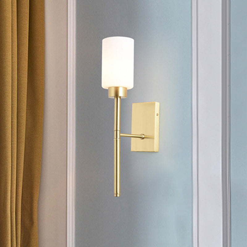 Modern Opal Glass Tube Sconce - 1 Bulb Wall Light In Brass With Metal Pencil Arm