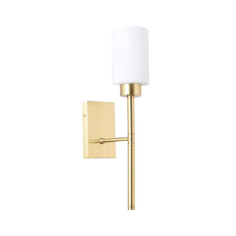 Modern Opal Glass Tube Sconce - 1 Bulb Wall Light In Brass With Metal Pencil Arm