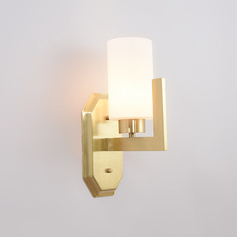 Modern Gold Wall Sconce With Tubular Milk Glass Shade For Living Room