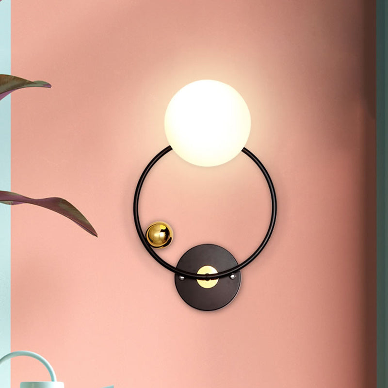 Black Modernist Wall Sconce Light With Opal Glass Shade
