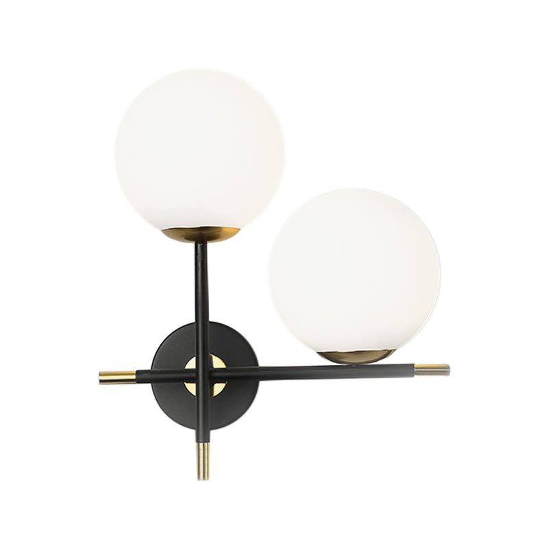 Modern Black Wall Sconce With Milky Glass Shade - 2 Bulbs Globe Light Fixture