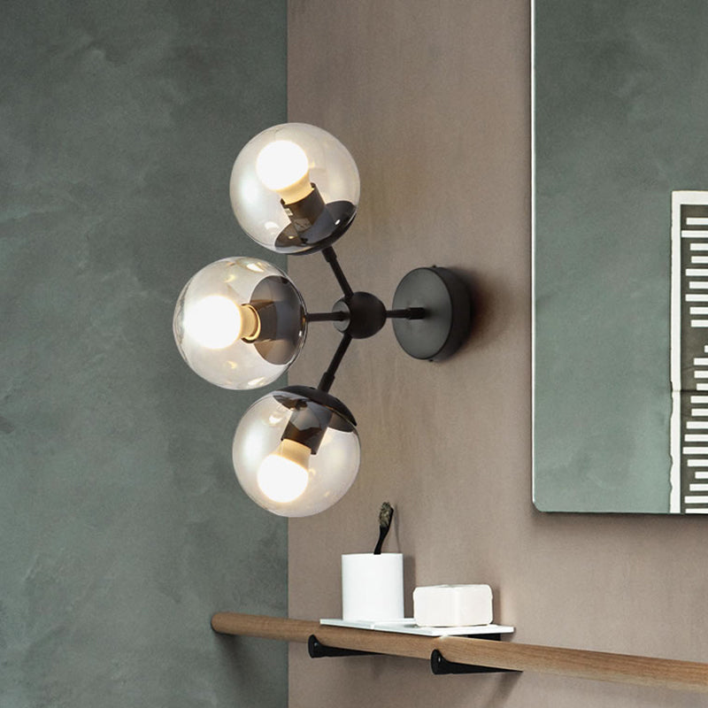 Sleek Black Glass Wall Mounted Vanity Light With 3 Spherical Bulbs - Modern Bathroom Lighting
