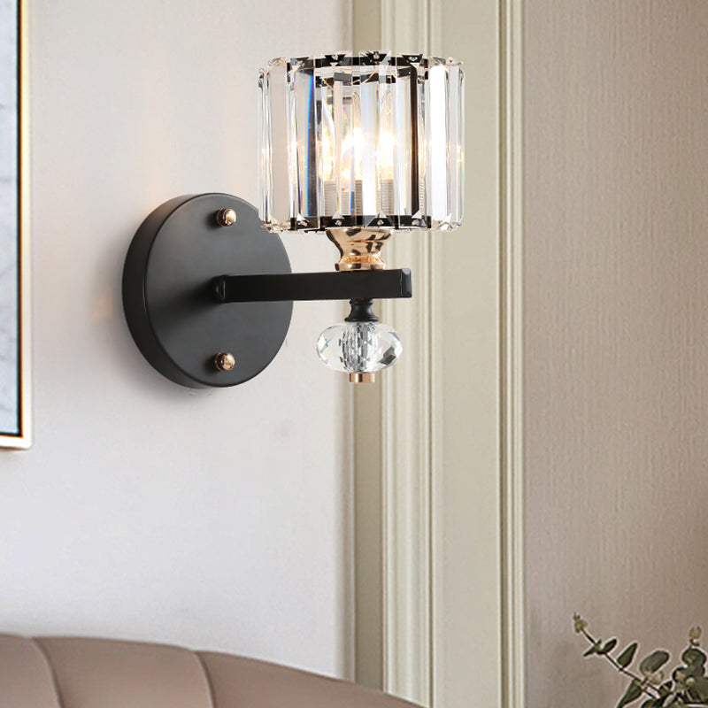 Contemporary Clear Ribbed Glass Wall Mounted Drum Sconce Light In Black