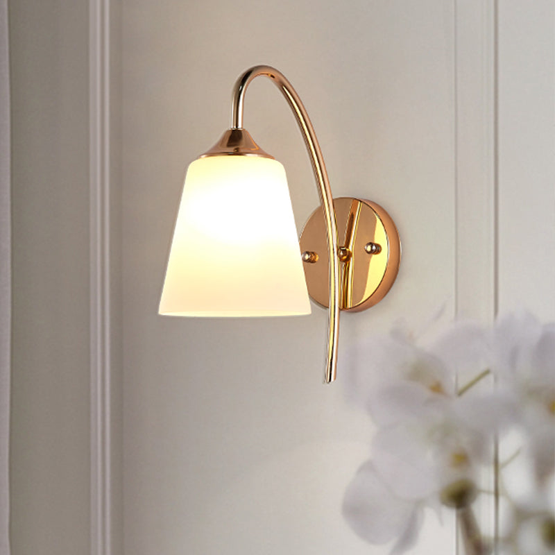 Gold Milk Glass Tapered Sconce With Metal Gooseneck Arm - Contemporary Wall Light Fixture