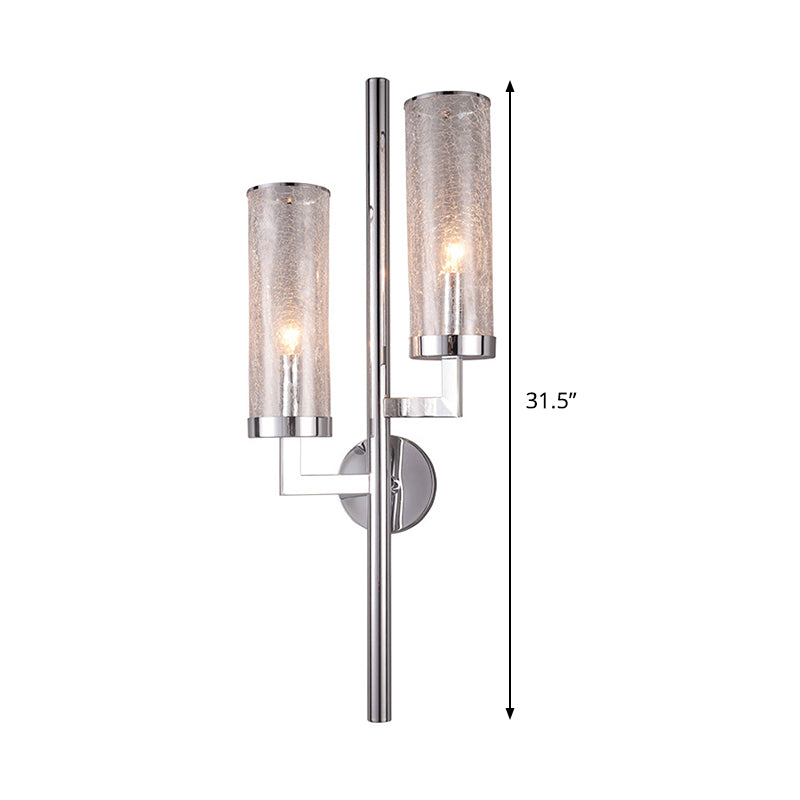 Modern Chrome Armed Wall Lamp With Crackle Glass Shade - 2 Bulb Metal Sconce Light Fixture