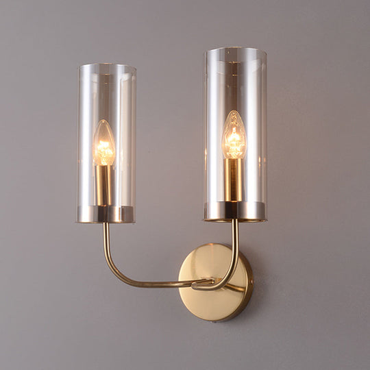Modern Cognac Glass Cylinder Sconce Light With 2 Bulbs - Gold Wall Mount Lamp