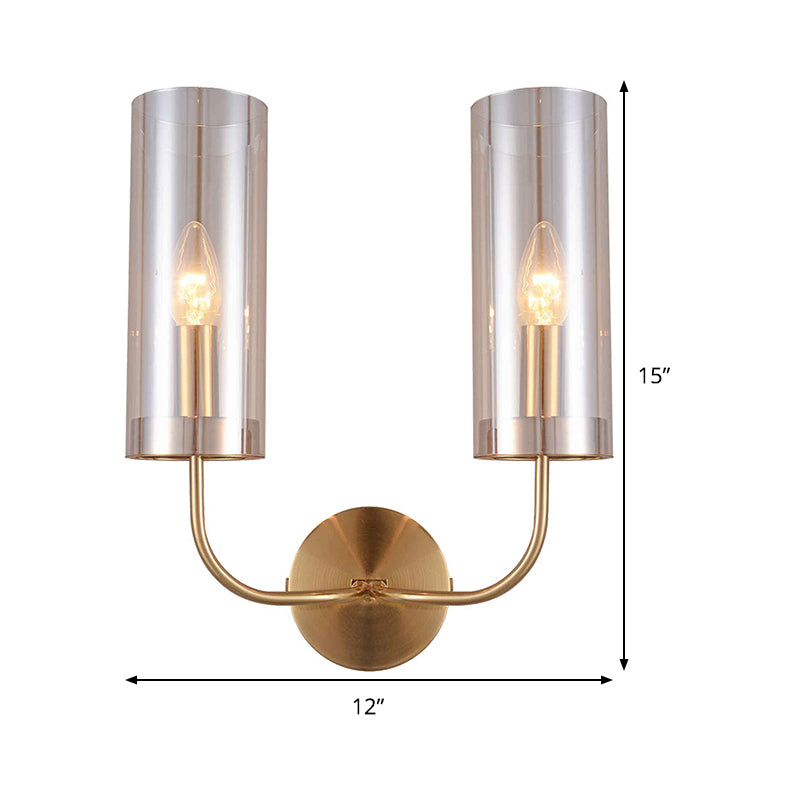 Modern Cognac Glass Cylinder Sconce Light With 2 Bulbs - Gold Wall Mount Lamp