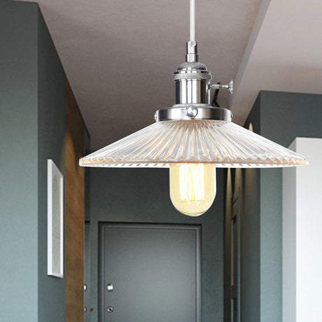 Vintage Stylish Clear Ribbed Glass Saucer Pendant Lighting - 1 Head Ceiling Fixture For Coffee Shop