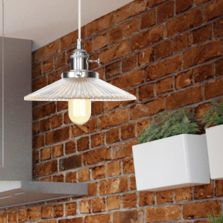 Vintage Stylish Clear Ribbed Glass Saucer Pendant Lighting - 1 Head Ceiling Fixture For Coffee Shop