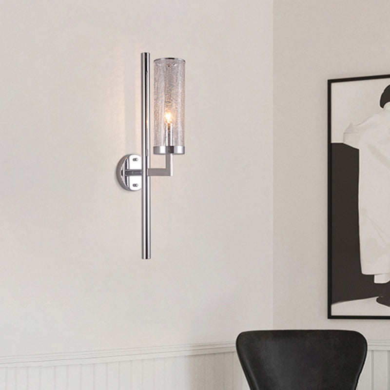 Modern Metal Armed Wall Lamp With Crackle Glass Shade - Chrome Sconce Light Fixture