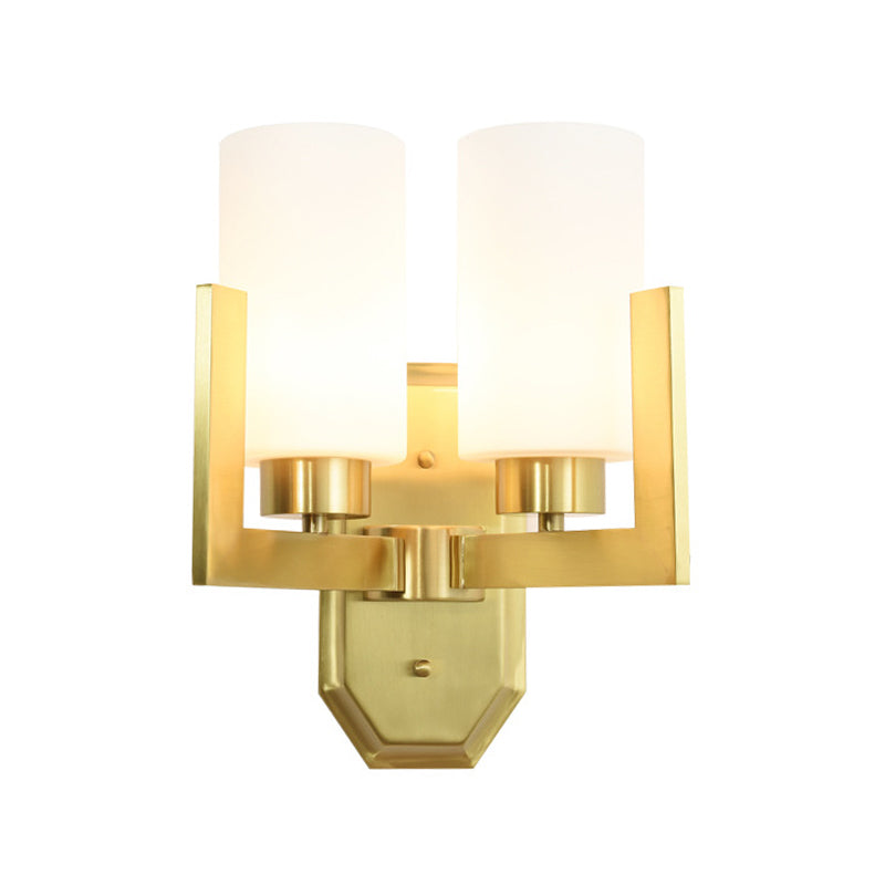 Gold Wall Sconce With Milk Glass Shades And Modernist Cylinder Design (2 Heads)