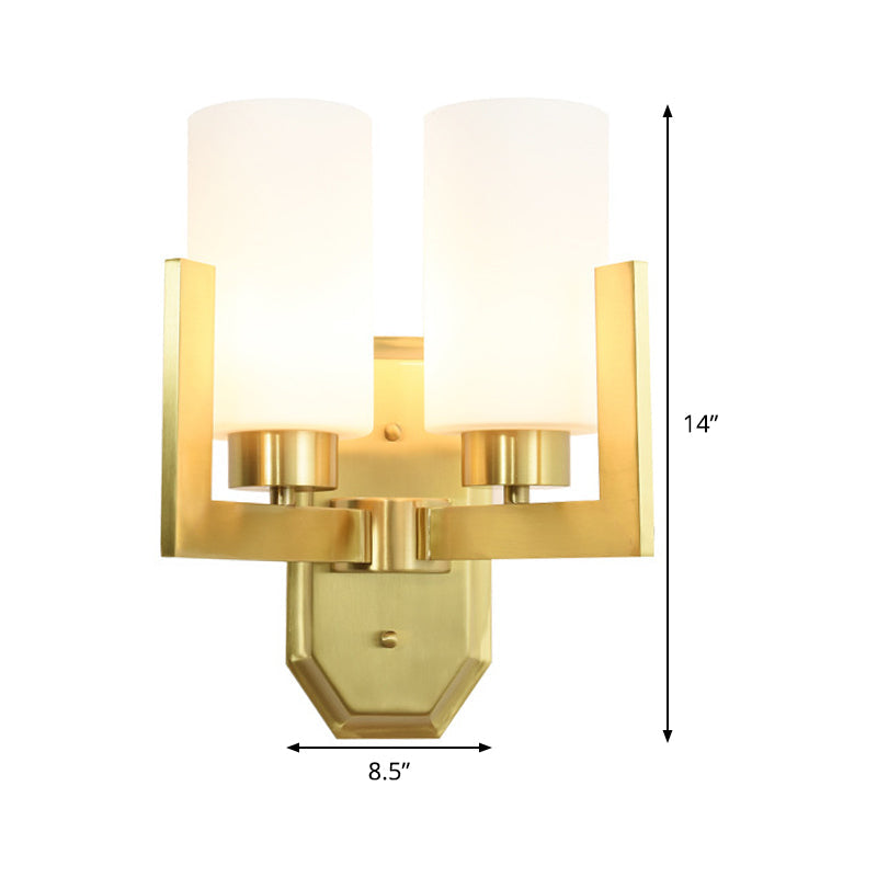 Gold Wall Sconce With Milk Glass Shades And Modernist Cylinder Design (2 Heads)