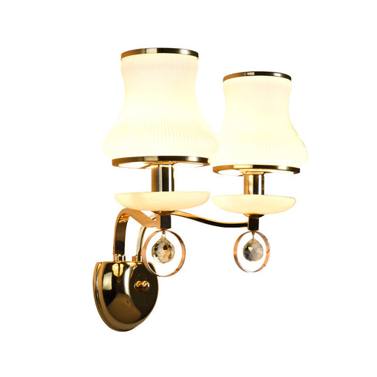Modern White Glass Wall Sconce With Gold Metal Arm & 2 Bulbs