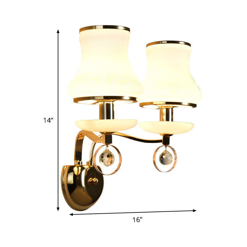 Modern White Glass Wall Sconce With Gold Metal Arm & 2 Bulbs