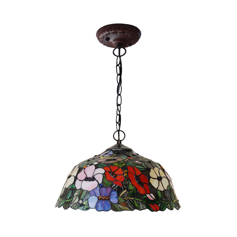 Mediterranean Petal Chandelier with Red/Blue Cut Glass and Bronze Finish - 2 Lights for Kitchen
