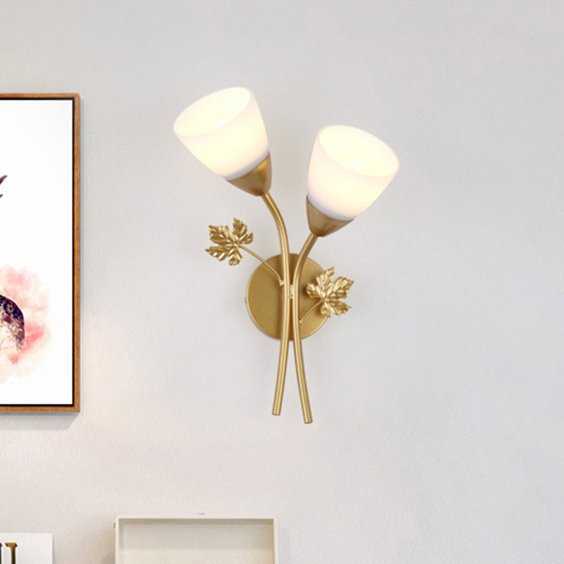 Modern Floral Wall Lamp: Milk Glass 2-Bulb Sconce Light In Black/Gold With Metal Leaf Accent Gold