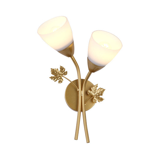 Modern Floral Wall Lamp: Milk Glass 2-Bulb Sconce Light In Black/Gold With Metal Leaf Accent