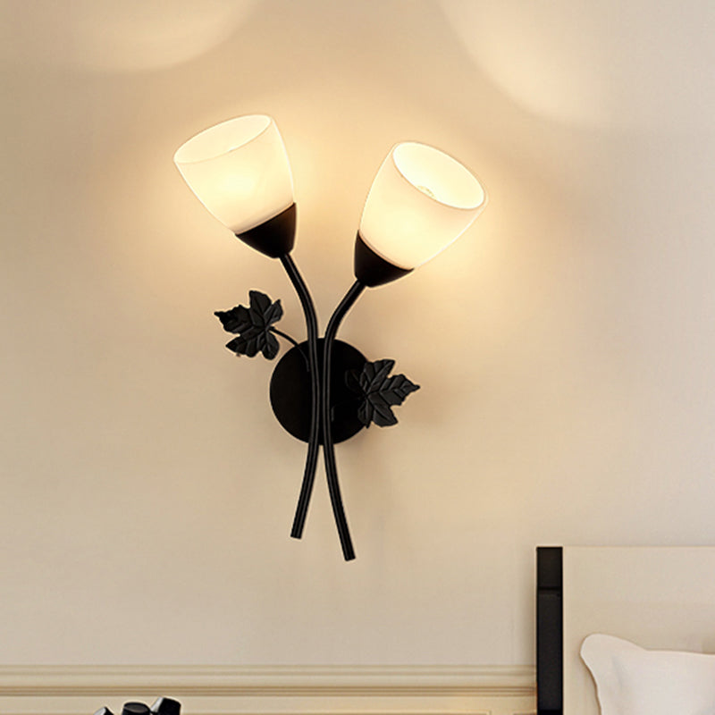Modern Floral Wall Lamp: Milk Glass 2-Bulb Sconce Light In Black/Gold With Metal Leaf Accent Black