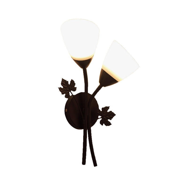 Modern Floral Wall Lamp: Milk Glass 2-Bulb Sconce Light In Black/Gold With Metal Leaf Accent