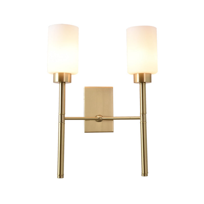 Contemporary Brass Sconce With White Glass Shade - Mounted Dual Bulb Wall Light
