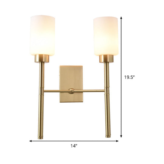 Contemporary Brass Sconce With White Glass Shade - Mounted Dual Bulb Wall Light
