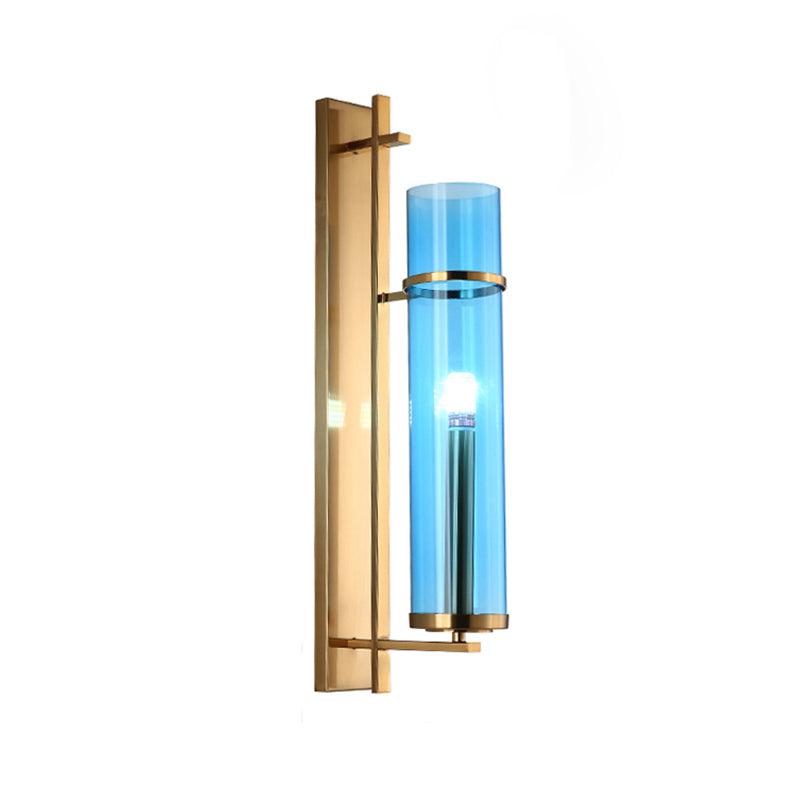 Blue Glass Cylinder Living Room Sconce - Modern Wall Mount Light Fixture