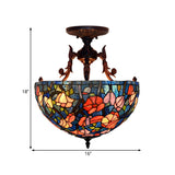Mediteranean Flower Stained Glass Ceiling Light - 3-Light Semi Flush For Bedroom