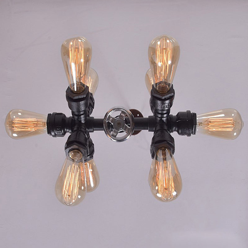 Farmhouse Style 10-Head Black Pendant Lamp with Exposed Bulbs and Sputnik Design