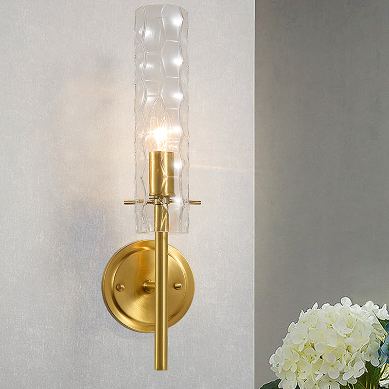 Dimpled Blown Glass Cylinder Wall Sconce - Modern 1 Bulb Brass Light Fixture