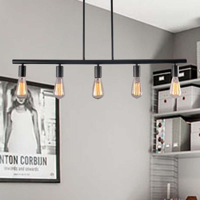Vintage Style 5-Head Black Finish Linear Island Lamp - Metallic Hanging Light For Dining Room