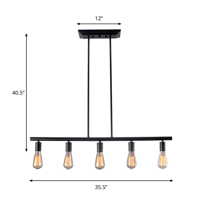 Vintage Style 5-Head Black Finish Linear Island Lamp - Metallic Hanging Light For Dining Room
