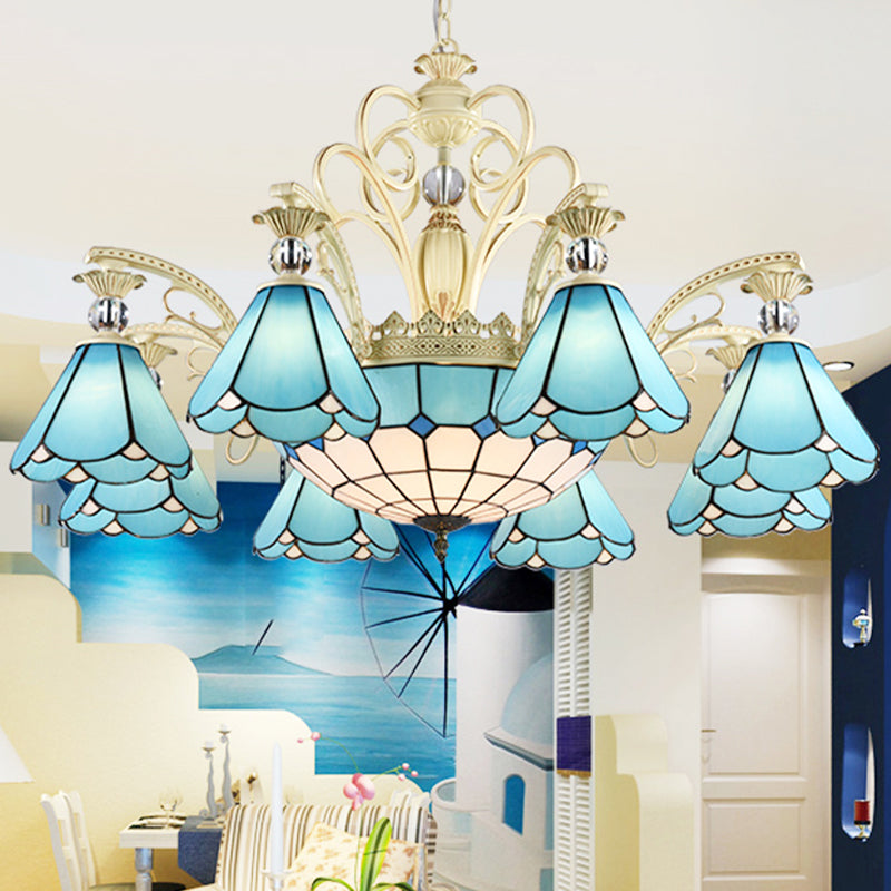 Blue Glass Conical Chandelier for Kitchen with 9/11 Lights